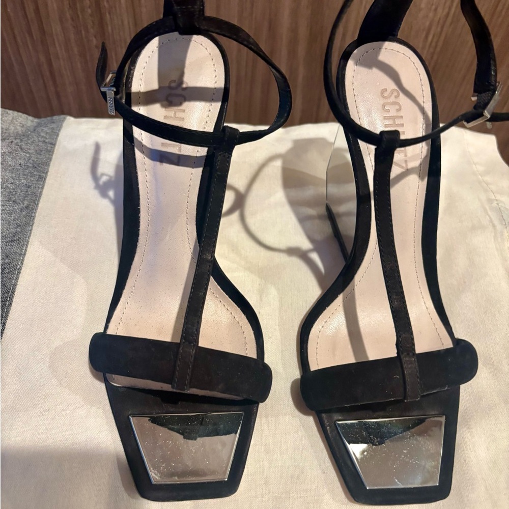 Schutz Black Suede Mirrored Wedge Women's Sandals 7.5